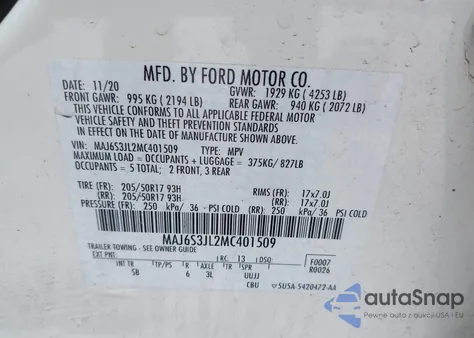 2021 Ford Ecosport Ses z USA, uszkodzony, nr VIN MAJ6S3JL2MC401509